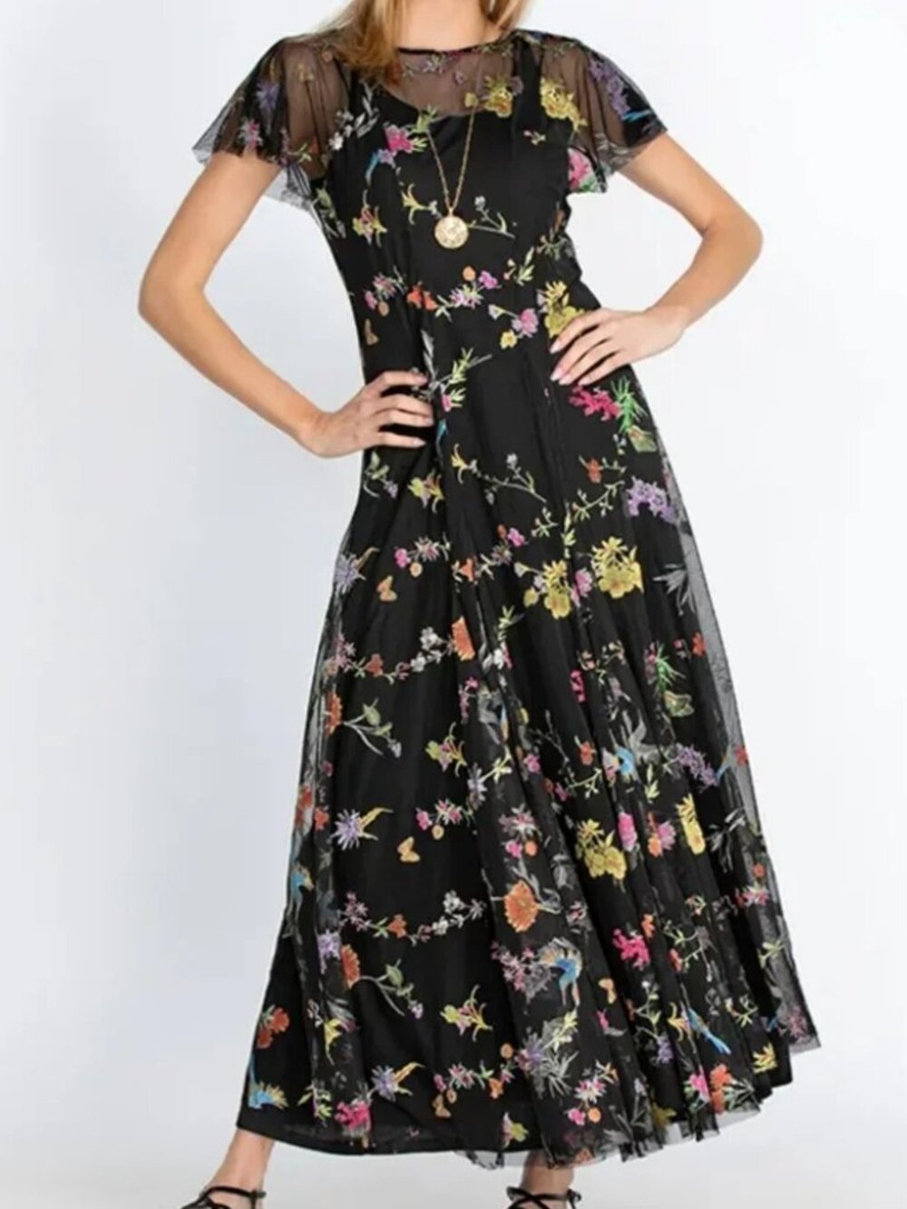 Johnny Was Marguerite Floral Mesh Maxi Dress size 1X Black